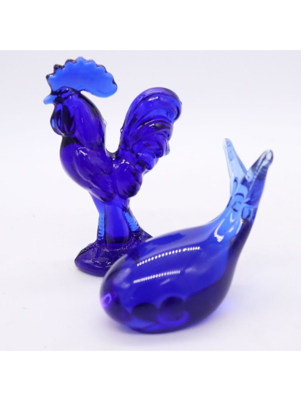 Set of 2 Cobalt Blue Glass Figurines Rooster and Whale Vintage